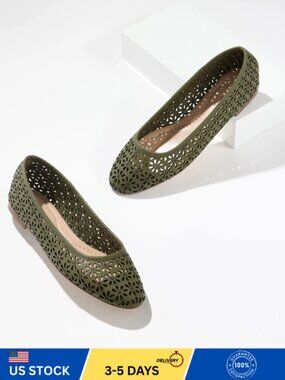 Talbots Ansly Perforated Nappa Ballet Flats With Olive Color